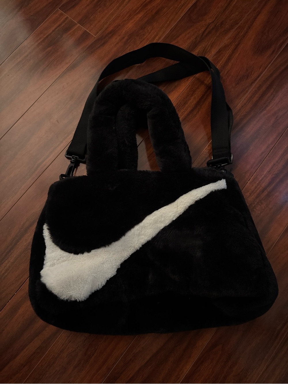 Nike Black Faux Fur Shoulder Bag with White Swoosh Accent - Picture 2 of 4